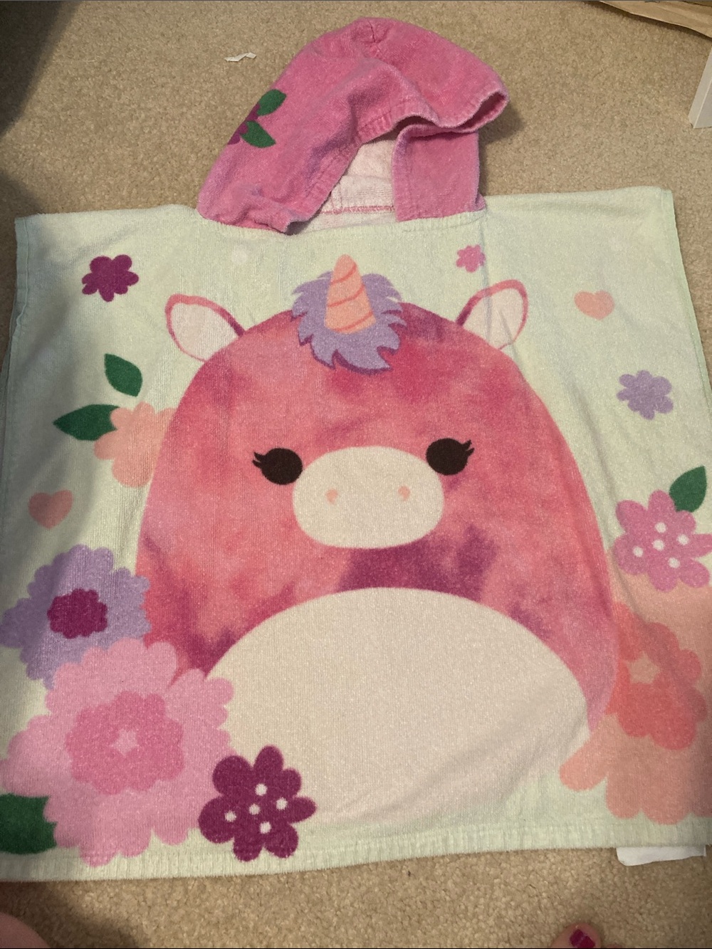 Squishmallows Pink Unicorn Hooded Poncho with Floral Accents